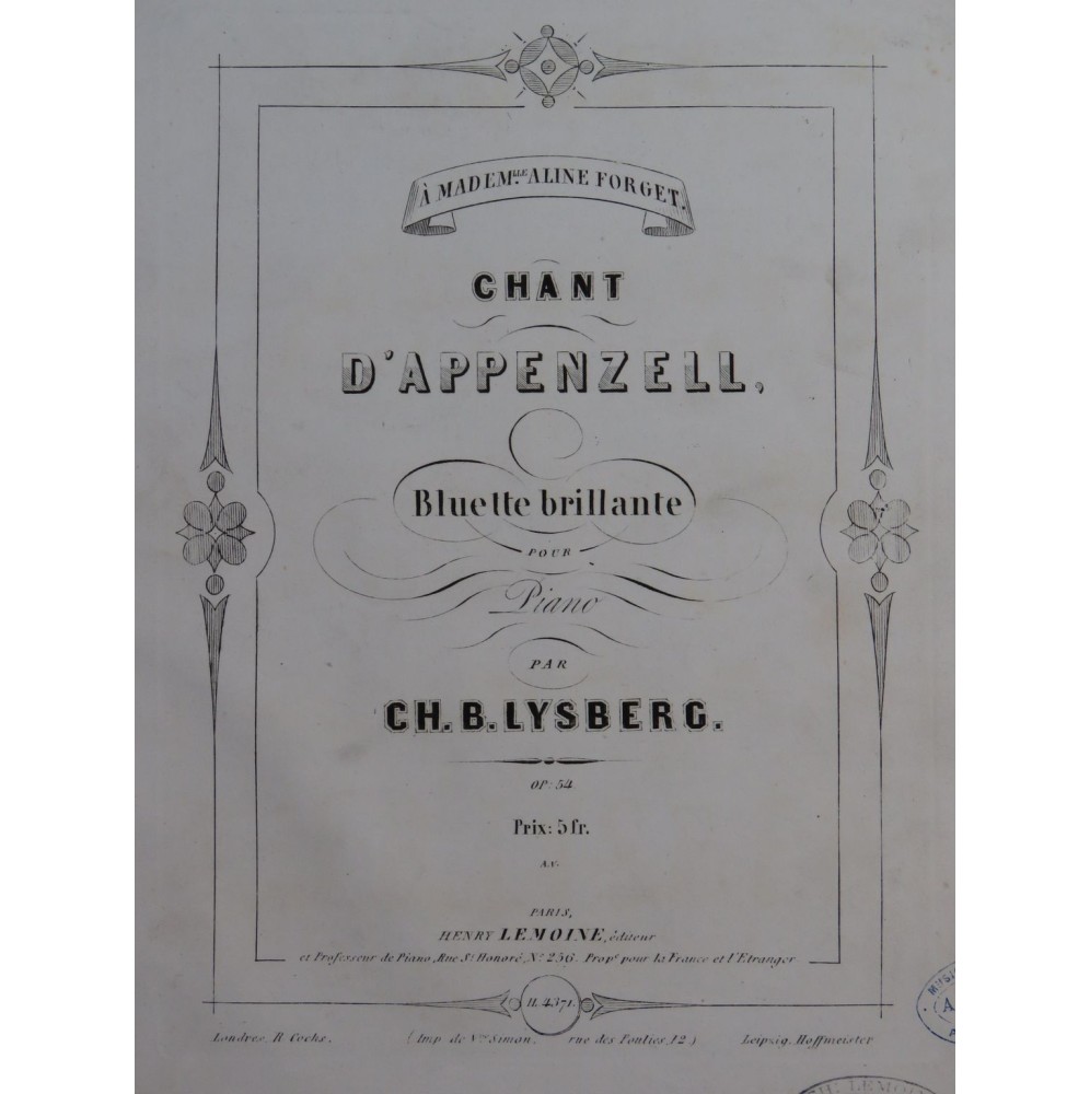 LYSBERG Ch. B. Chant D'Appenzell op54 Piano 1857