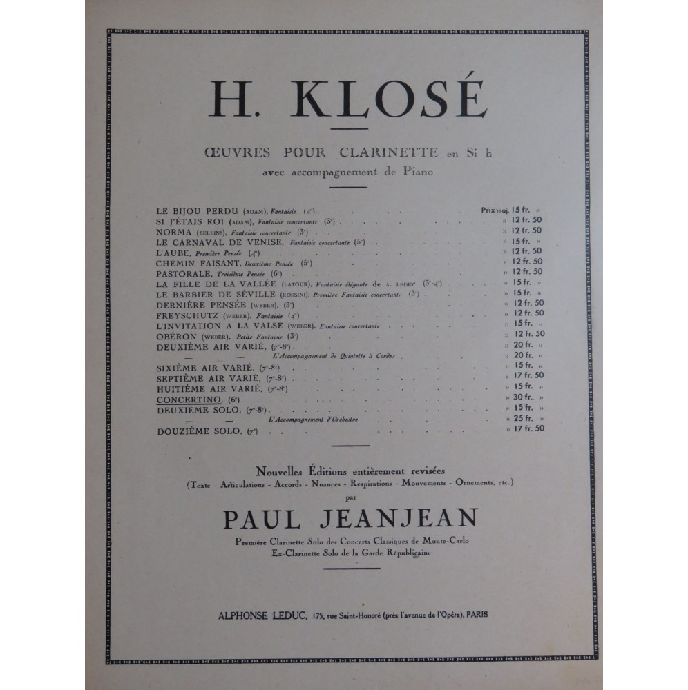 KLOSÉ H. Concertino Piano Clarinette