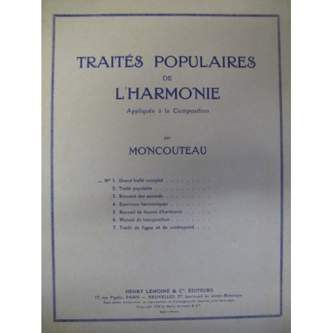 MONCOUTEAU M. Traité populaire de l'Harmonie
