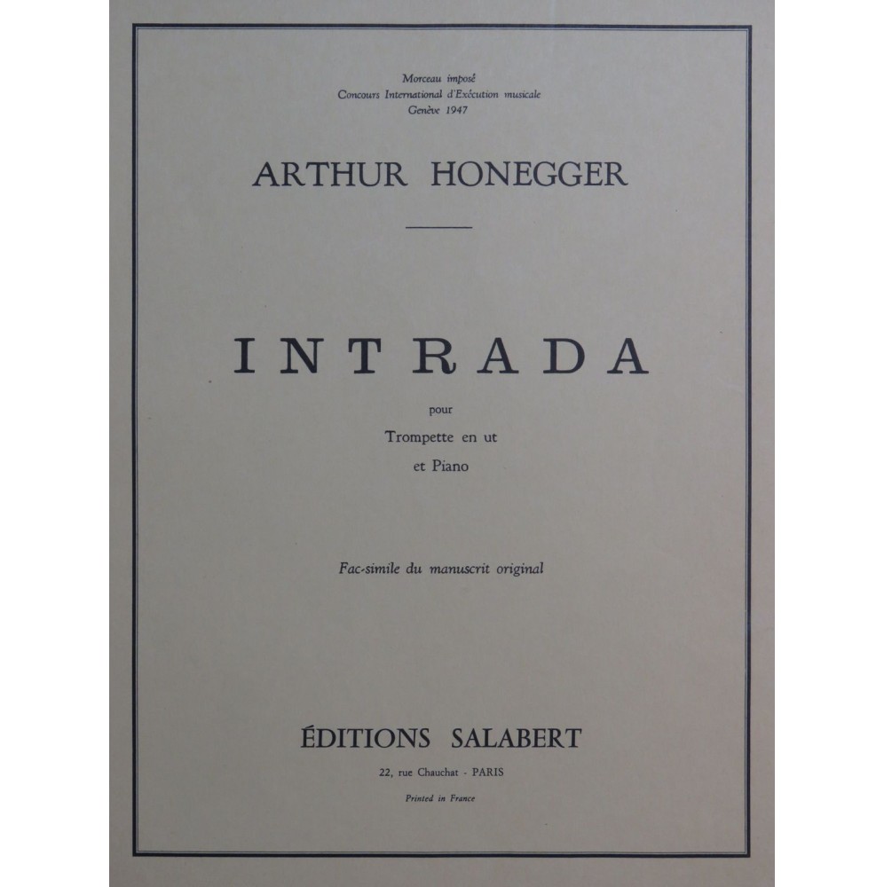 HONEGGER Arthur Intrada Piano Trompette 1947