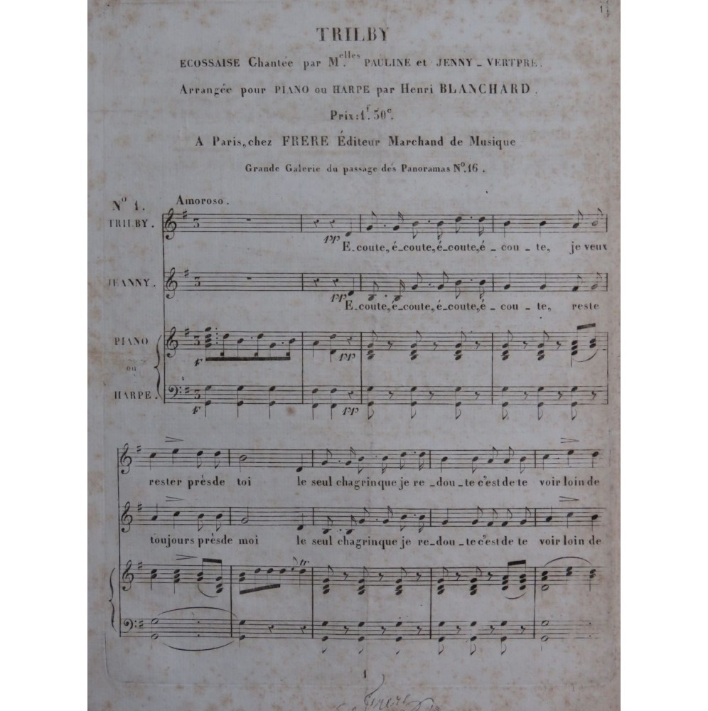 BLANCHARD Henri Trilby No 1 Ecossaise Chant Piano ca1820