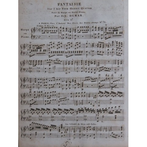 DEMAR Sébastien Fantaisie sur Vive Henry IV Piano ou Harpe ca1810