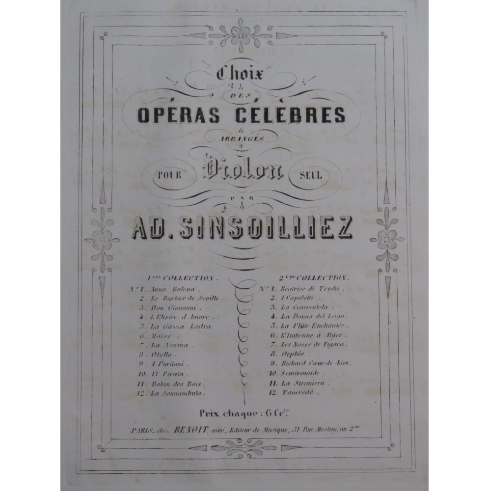 MOZART W. A. Il Flauto Magico La Flûte Enchantée Violon seul ca1865