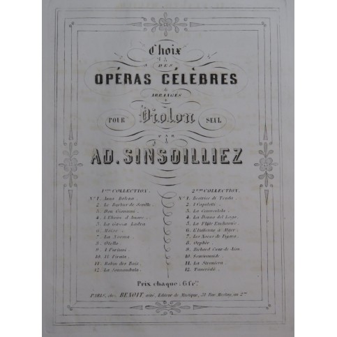 MOZART W. A. Il Flauto Magico La Flûte Enchantée Violon seul ca1865