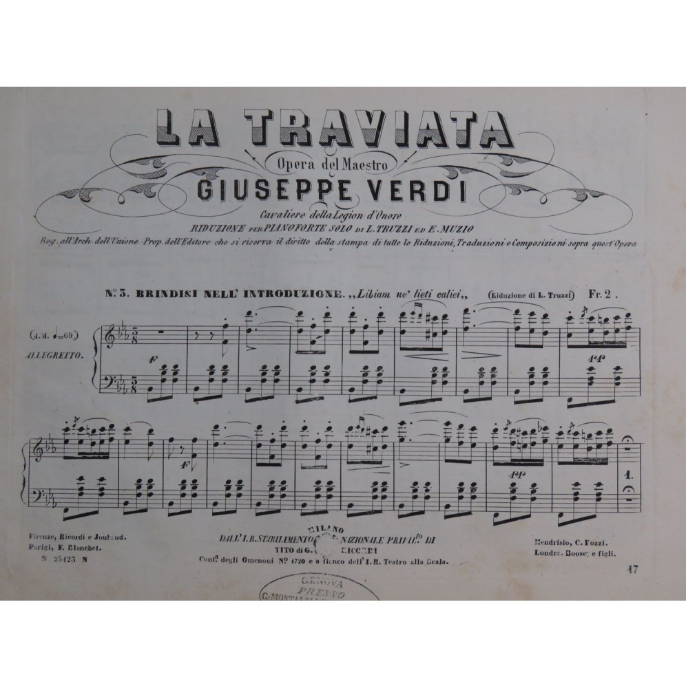 VERDI GIuseppe La Traviata No 3 Piano ca1853