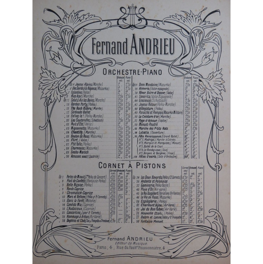 ANDRIEU Fernand Fantaisie Menuet op 98 Piano Cornet 1939