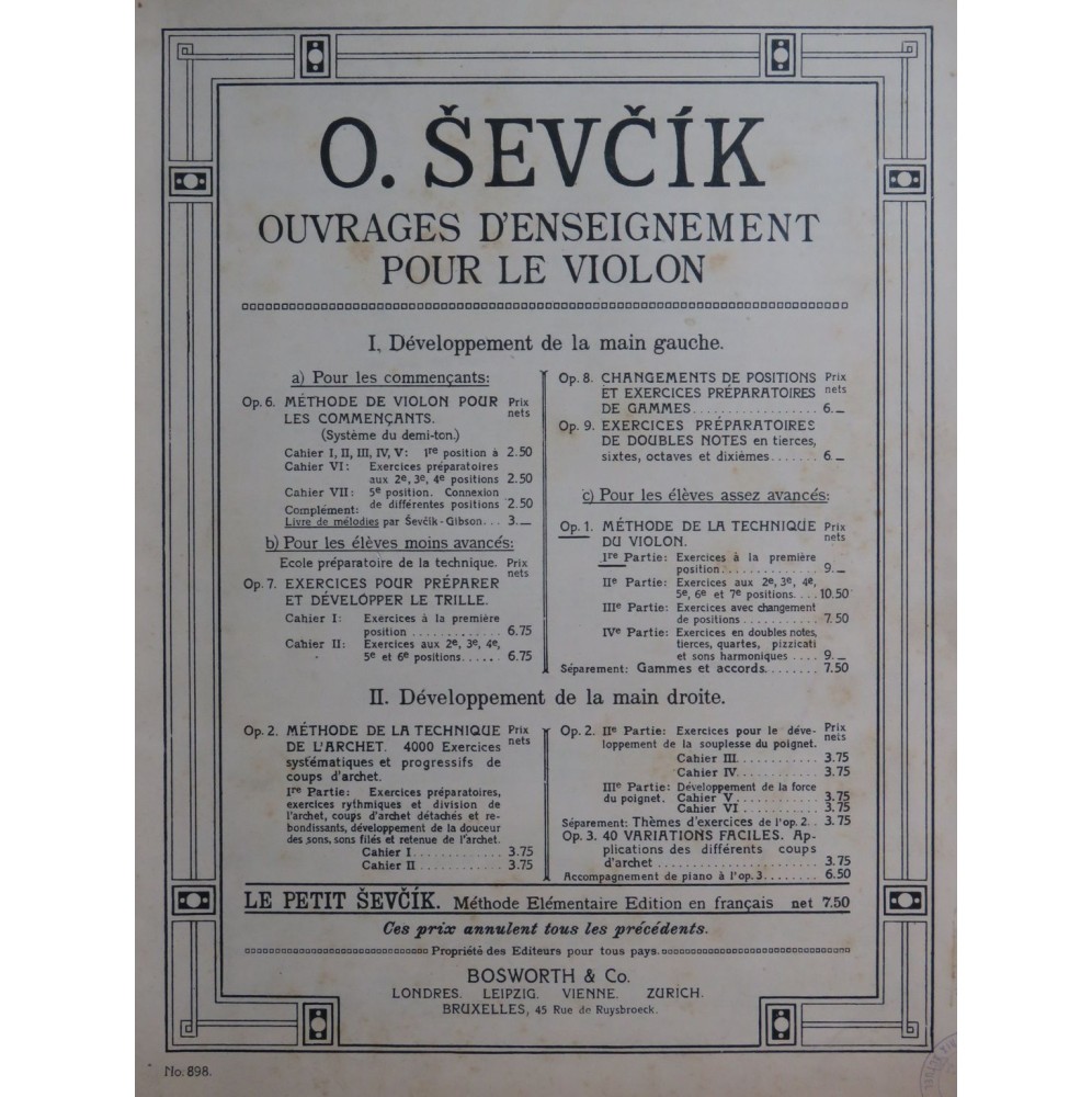 SEVCIK Otakar Méthode de la Technique du Violon 1ère Partie Violon 1901