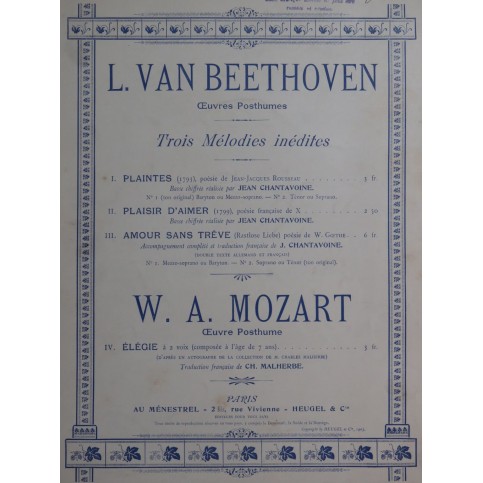 BEETHOVEN Amour sans Trêve Chant Piano 1903