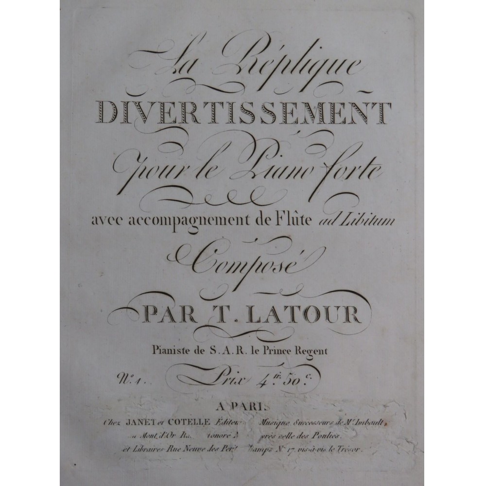 LATOUR Théodore La Réplique Divertissement Piano Flûte ca1820