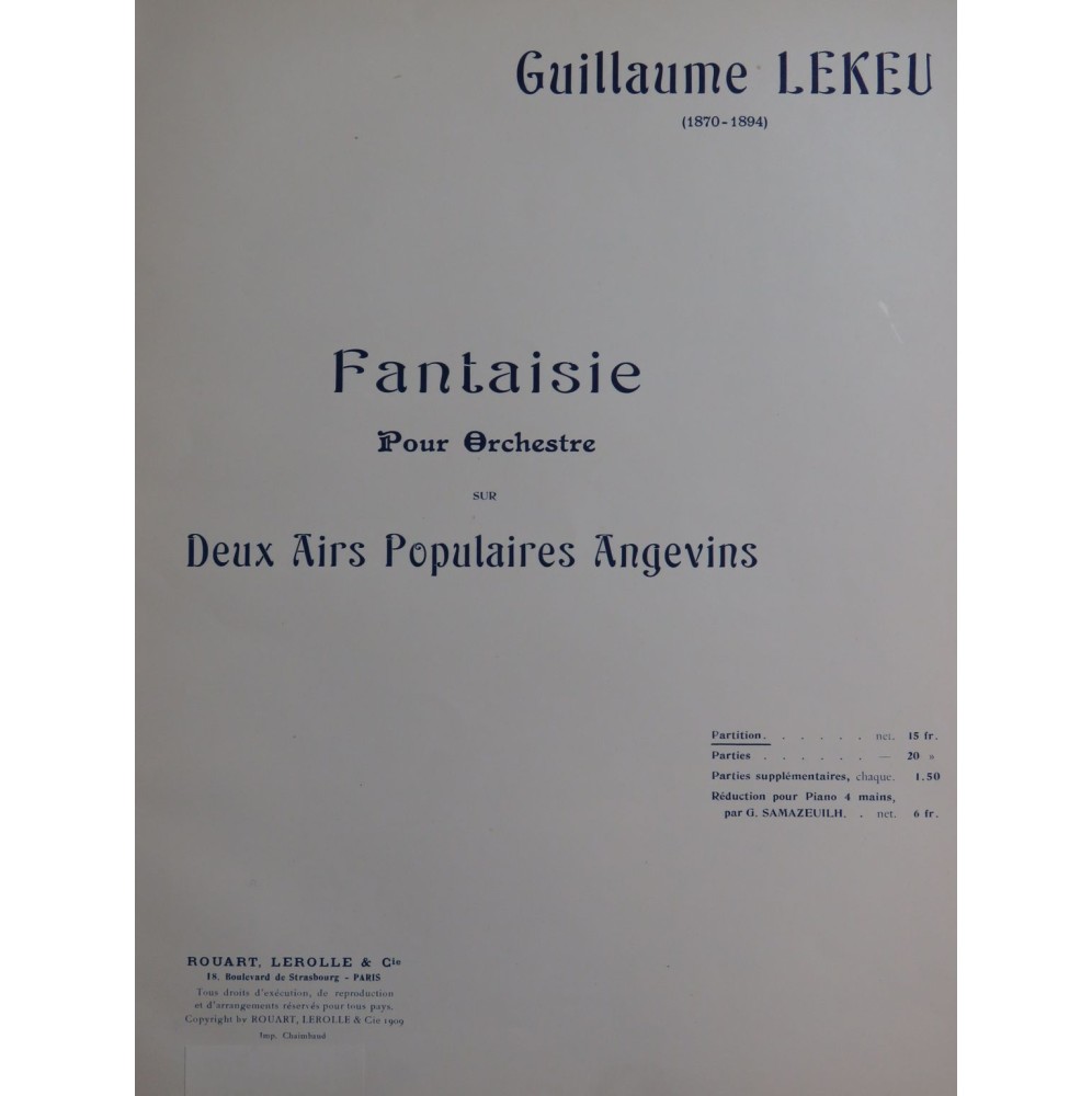 LEKEU Guillaume Fantaisie Airs Populaires Angevins Orchestre