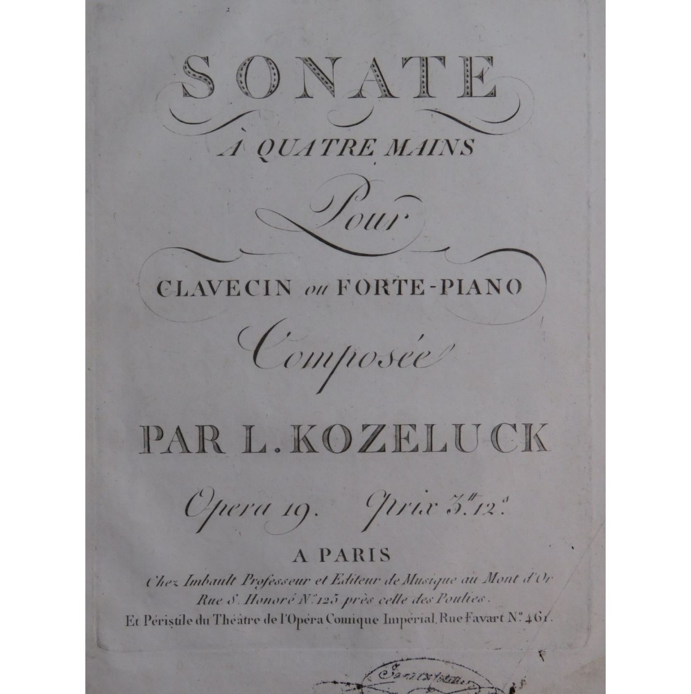 KOZELUCH Leopold Sonate op 19 Piano 4 mains ca1815