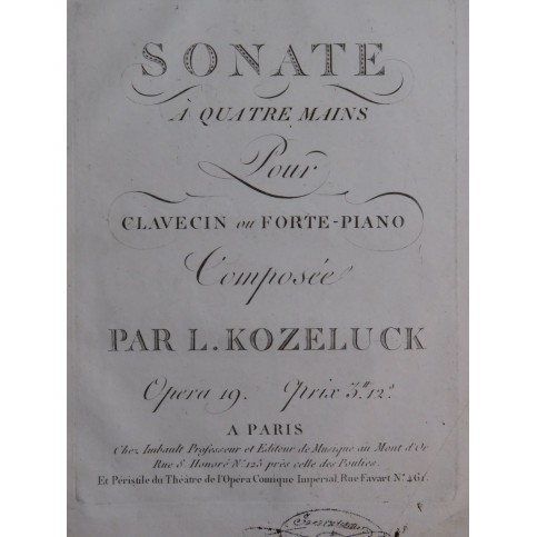 KOZELUCH Leopold Sonate op 19 Piano 4 mains ca1815