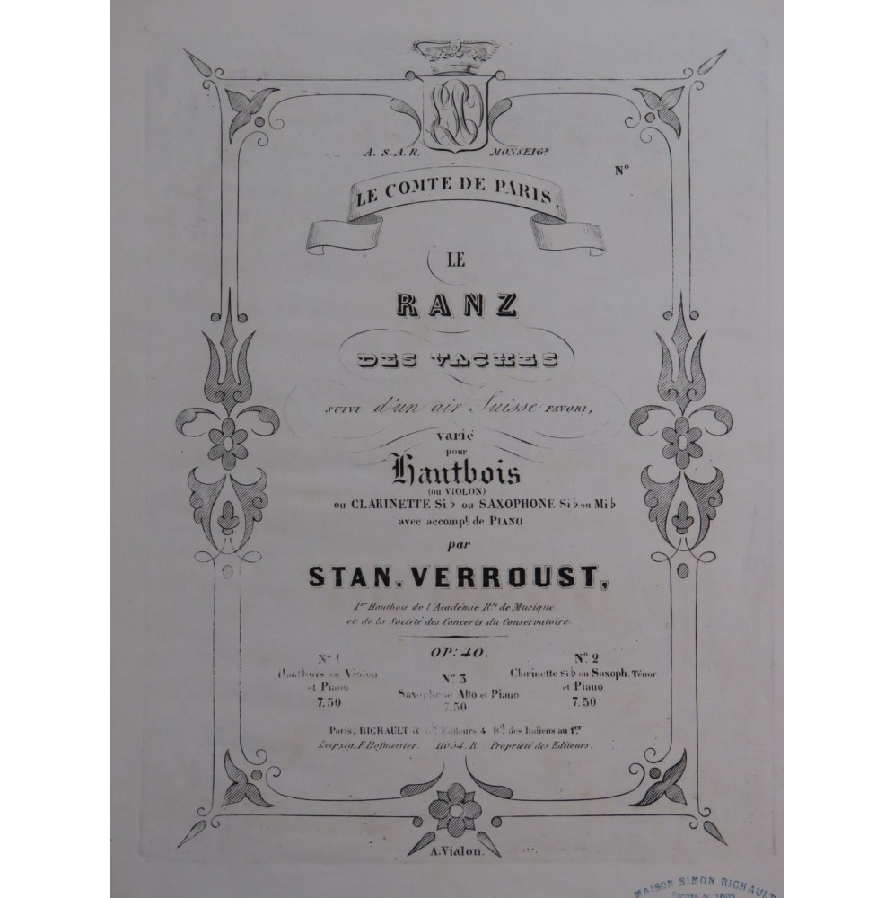 VERROUST Stanislas Le Ranz des Vaches op 40 Piano Hautbois ca1850