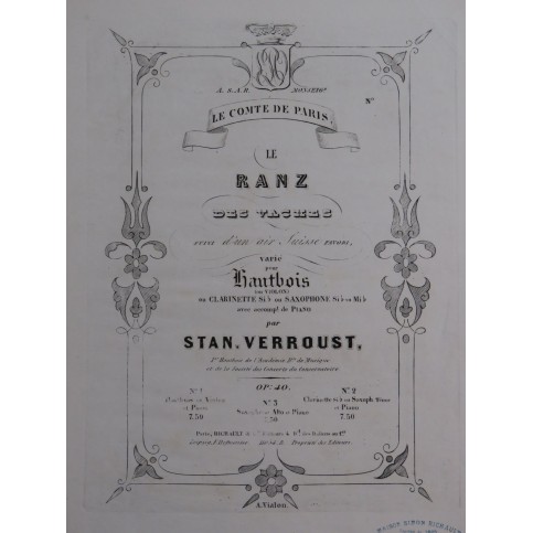 VERROUST Stanislas Le Ranz des Vaches op 40 Piano Hautbois ca1850