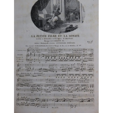 BERTON F. Fils La Petite Fille et la Sonate Chant Piano ca1830