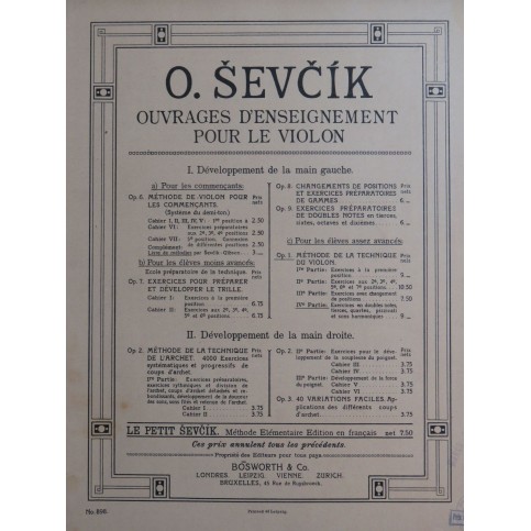 SEVCIK Otakar Méthode de la Technique du Violon 4ème Partie Violon 1901