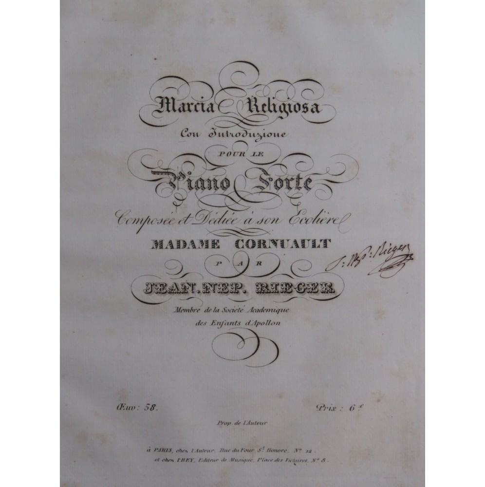 RIEGER Jean-Népomucène Marcia Religiosa op 58 Signature Piano ca1820