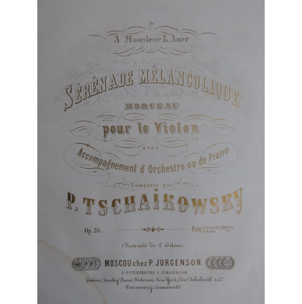 TSCHAIKOWSKY P. I. Séranade Mélancolique op 26 Piano Violon 1876