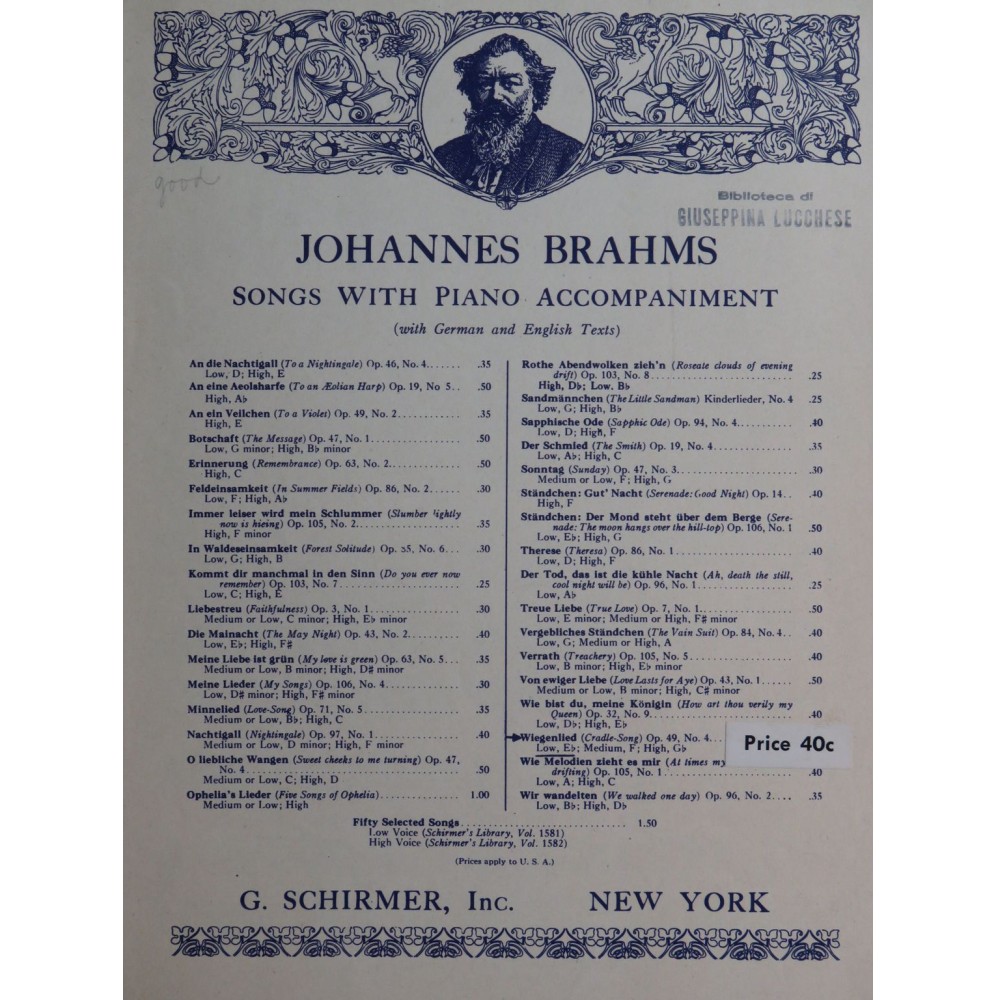 BRAHMS Johannes Wiegenlied op 49 No 4 Chant Piano 1937