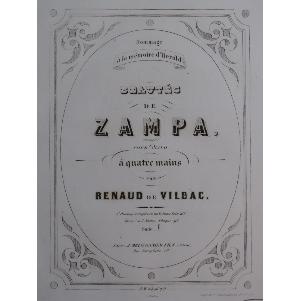 DE VILBAC Renaud Beautés de Zampa Suite No 1 Piano 4 mains ca1855