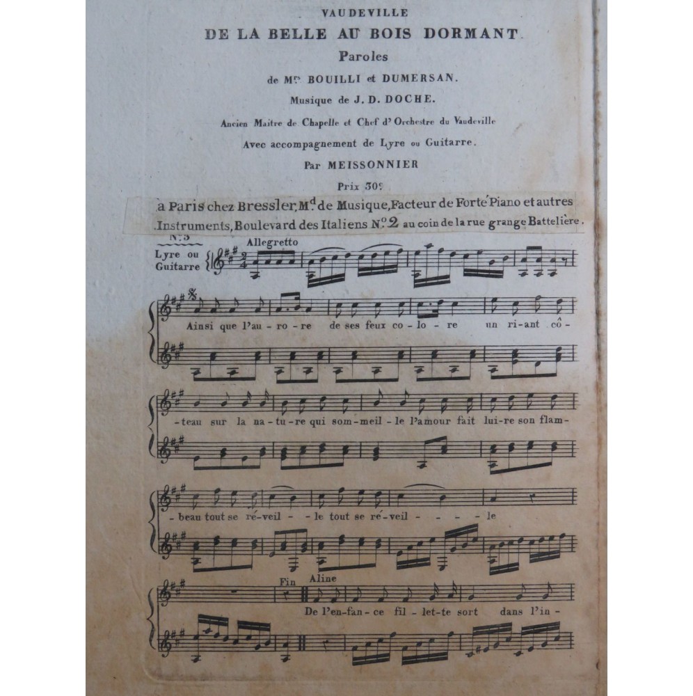 DOCHE J. D. Vaudeville Belle au Bois Dormant Chant Guitare ou Lyre ca1810