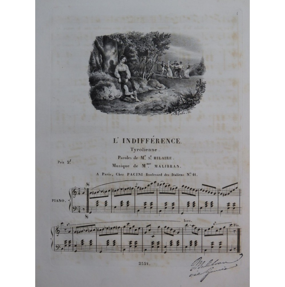 MALIBRAN Marie L'Indifférence Chant Piano ca1850