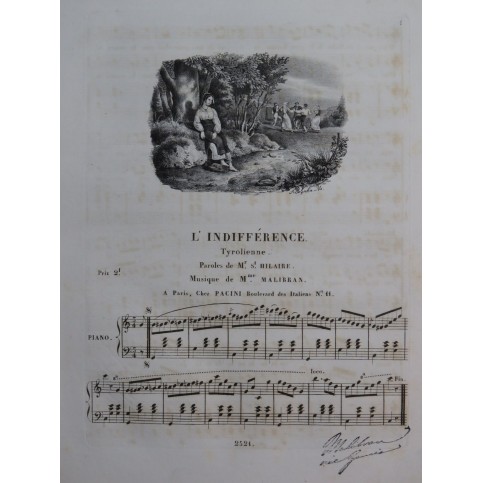 MALIBRAN Marie L'Indifférence Chant Piano ca1850