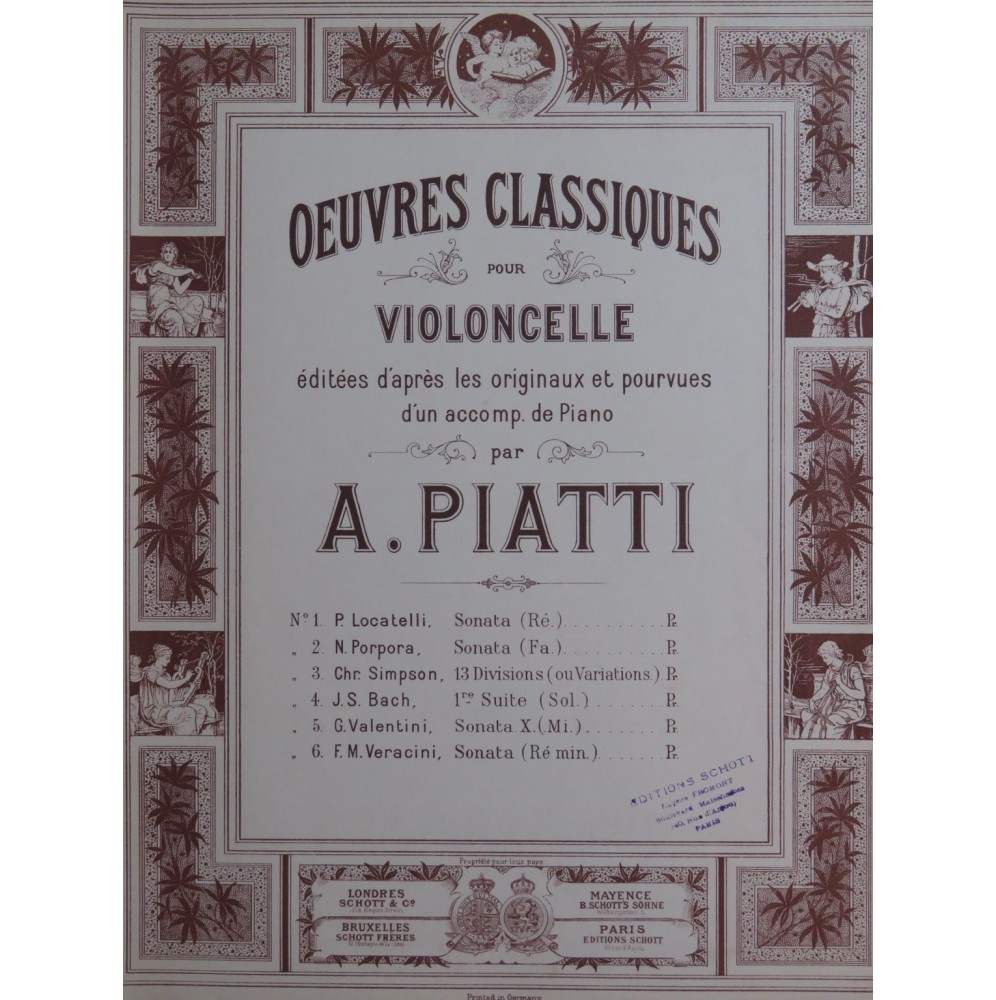 LOCATELLI Pietro Sonata en Ré Violoncelle Piano ca1895