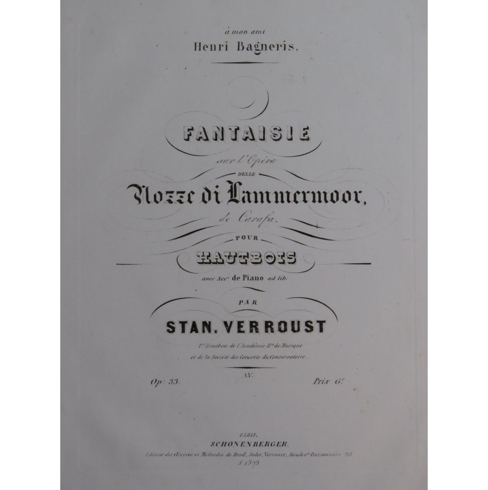 VERROUST Stanislas Fantaisie sur Nozze di Lammermoor op 33 Piano Hautbois ca1845