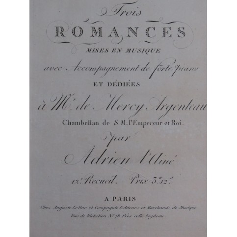 ADRIEN l'Ainé Trois Romances Chant Piano ou Harpe ca1820