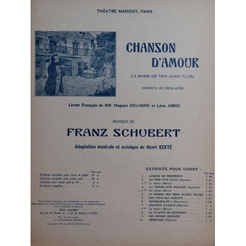 SCHUBERT Franz Chanson d'Amour No 3 Chant Piano 1921