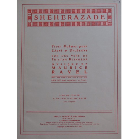 RAVEL Maurice Shéhérazade Trois Poèmes Chant Piano ca1911