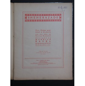 RAVEL Maurice Shéhérazade Trois Poèmes Chant Piano ca1911