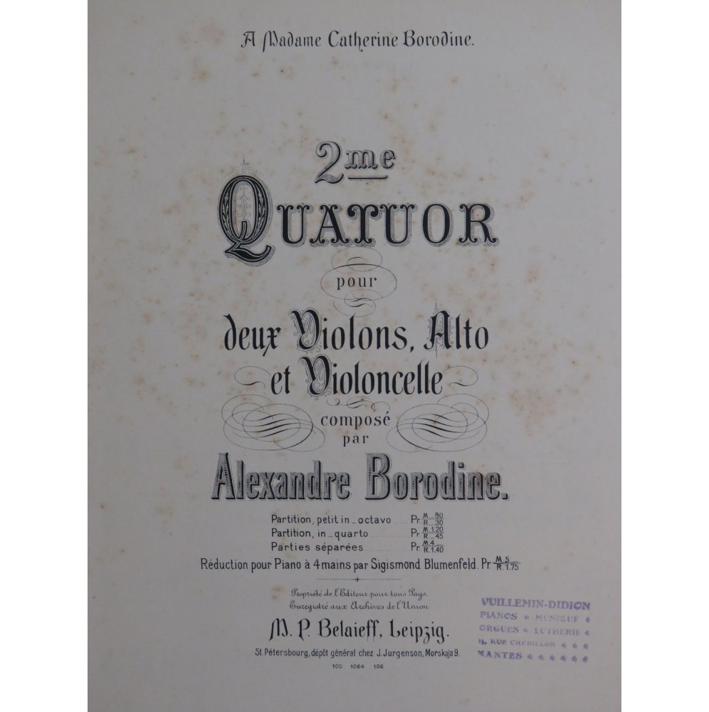 BORODINE Alexandre Quatuor No 2 Violon Alto Violoncelle 1888