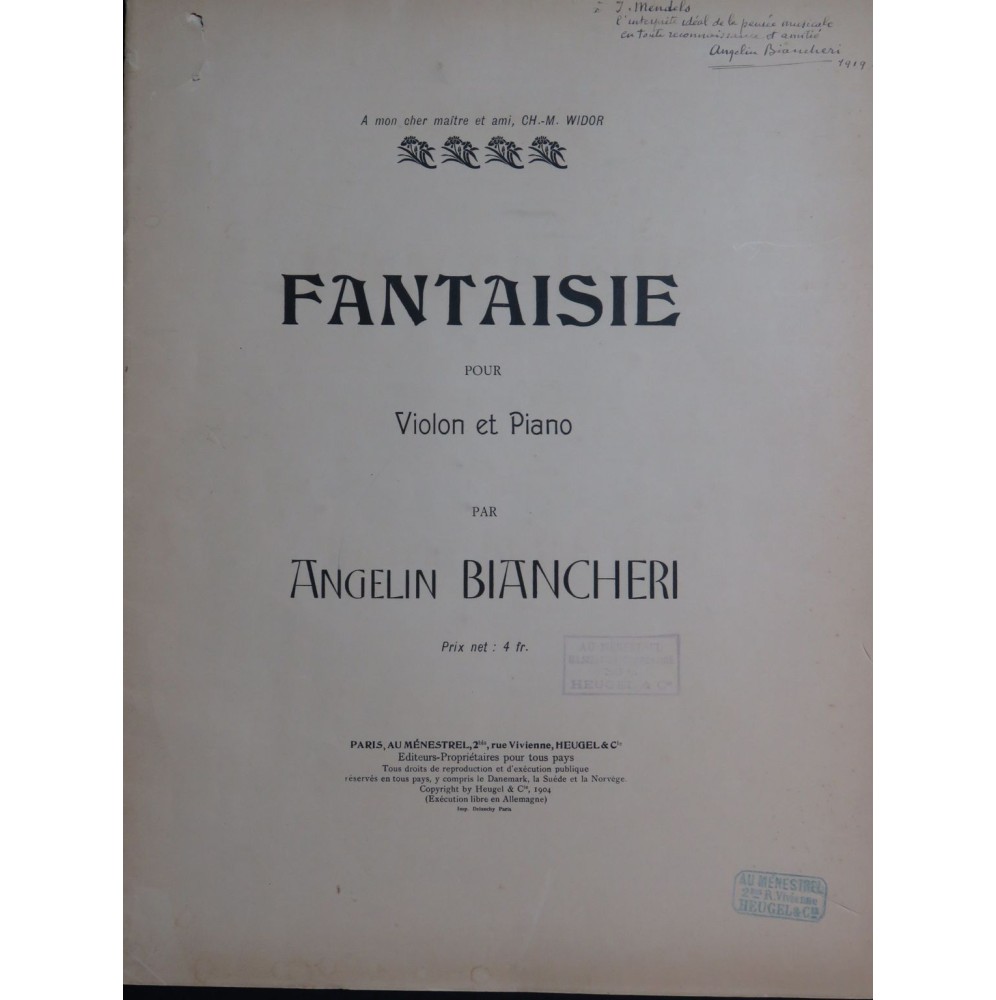 BIANCHERI Angelin Fantaisie Dédicace Piano Violon 1904