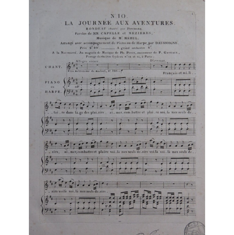 MÉHUL La Journée aux Aventures No 10 Chant Piano ou Harpe ca1820