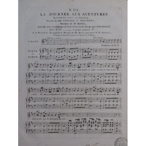 MÉHUL La Journée aux Aventures No 10 Chant Piano ou Harpe ca1820