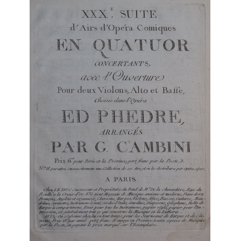 CAMBINI Giuseppe Suite No 30 Phedre Quatuor 2e Violon Alto XVIIIe