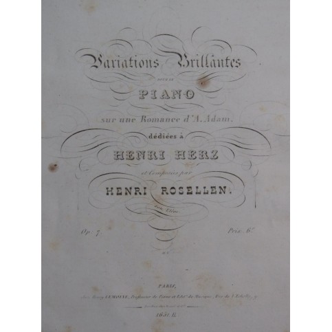 ROSELLEN Henri Variations Romance d'A. Adam op 7 Piano ca1835