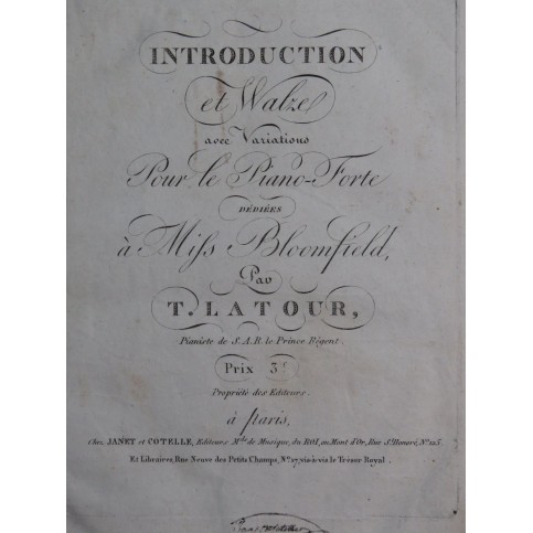 LATOUR Théodore Introduction et Walze Piano ca1820