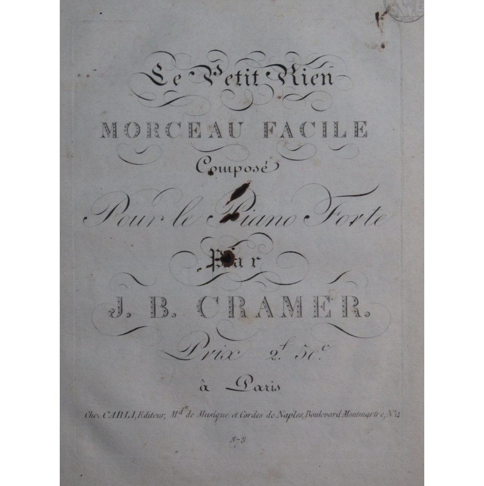 CRAMER J. B. Le Petit Rien Piano ca1820