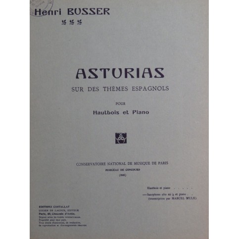 BUSSER Henri Asturias Piano Saxophone 1931