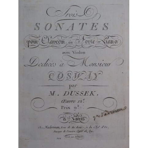 DUSSEK J. L. Trois Sonates op 12 Clavecin ou Piano ca1800