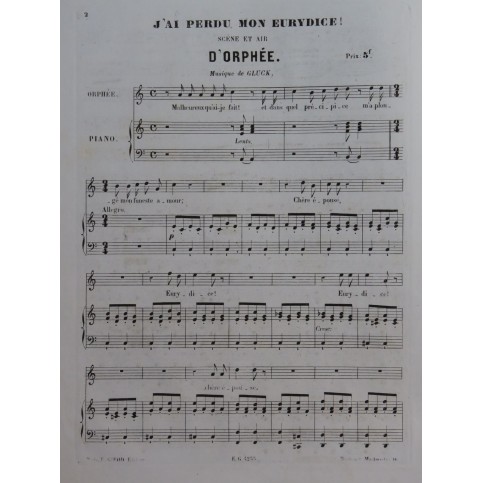 GLUCK C. W. Orphée Scène et Air Chant Piano ca1860