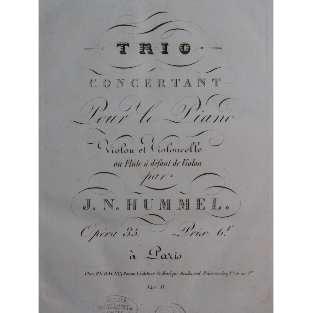 HUMMEL J. N. Trio op 35 Piano Violoncelle ca1820