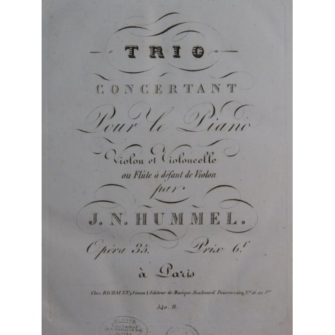 HUMMEL J. N. Trio op 35 Piano Violoncelle ca1820