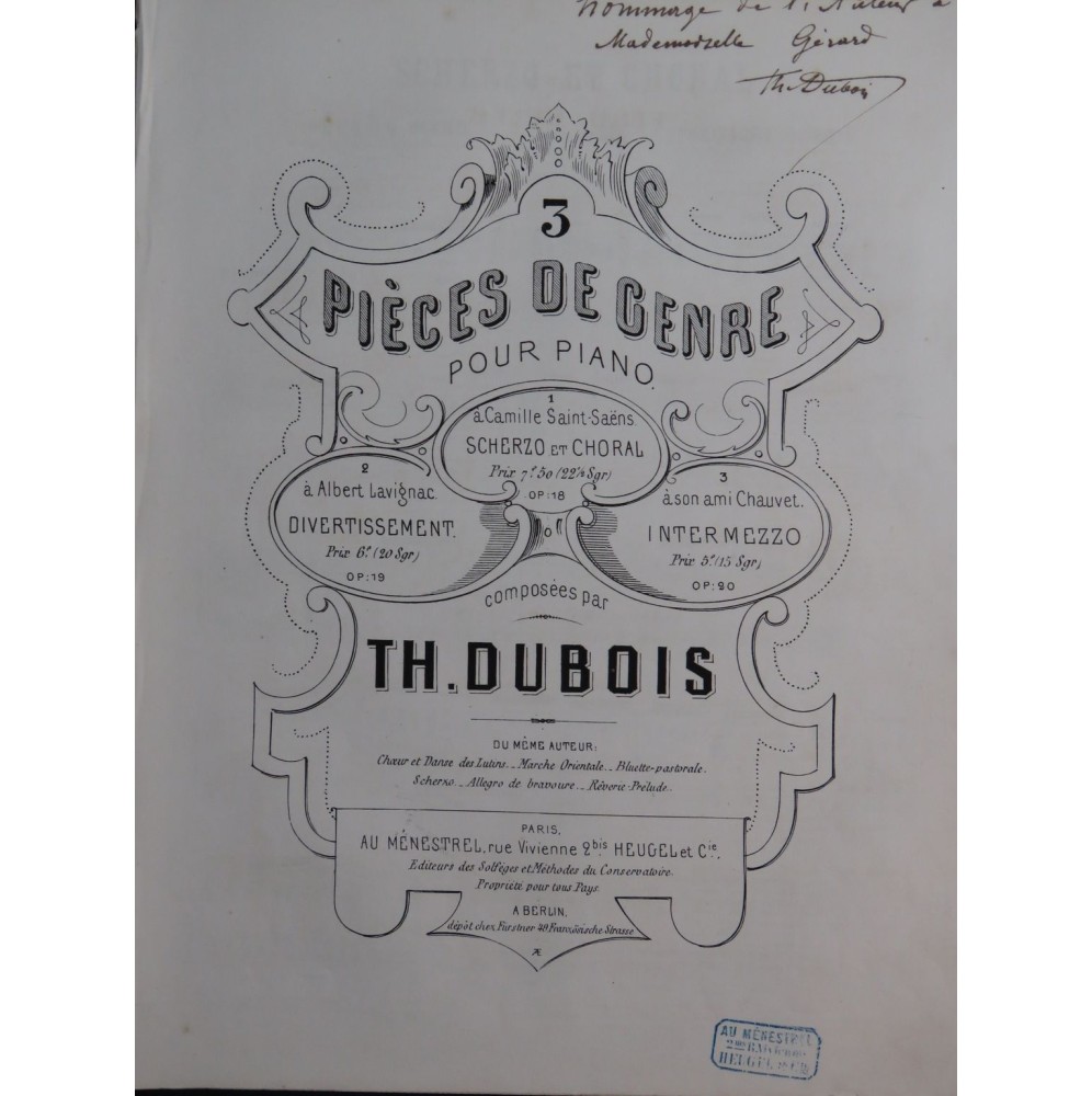 DUBOIS Théodore Scherzo et Choral op 18 Dédicace Piano 1870