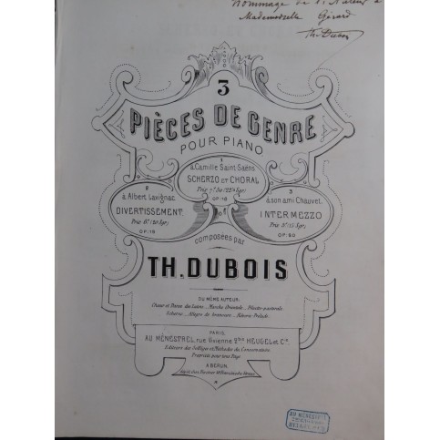 DUBOIS Théodore Scherzo et Choral op 18 Dédicace Piano 1870