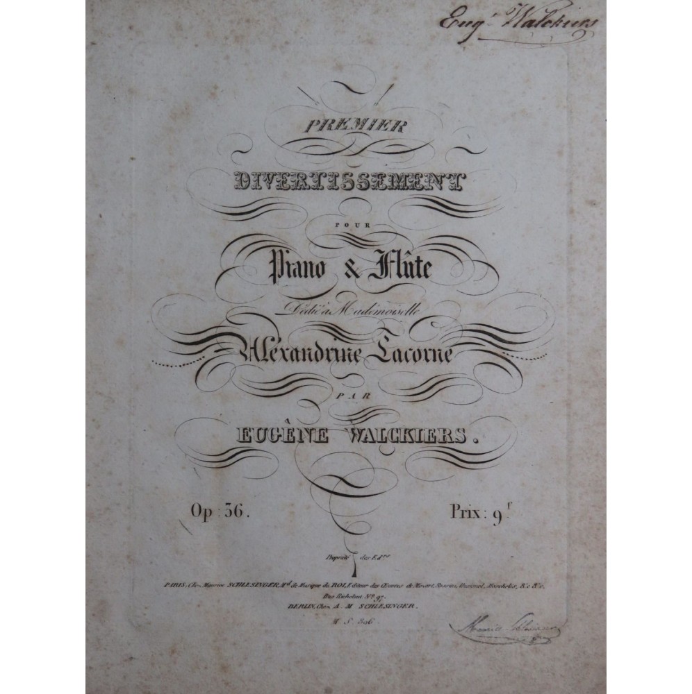 WALCKIERS Eugène Divertissement No 1 op 36 Dédicace Flûte ca1830