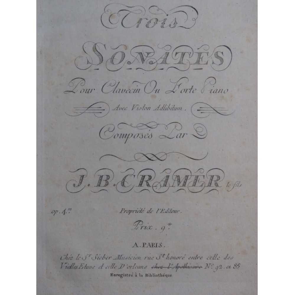 CRAMER J. B. Trois Sonates op 4 Violon ca1785